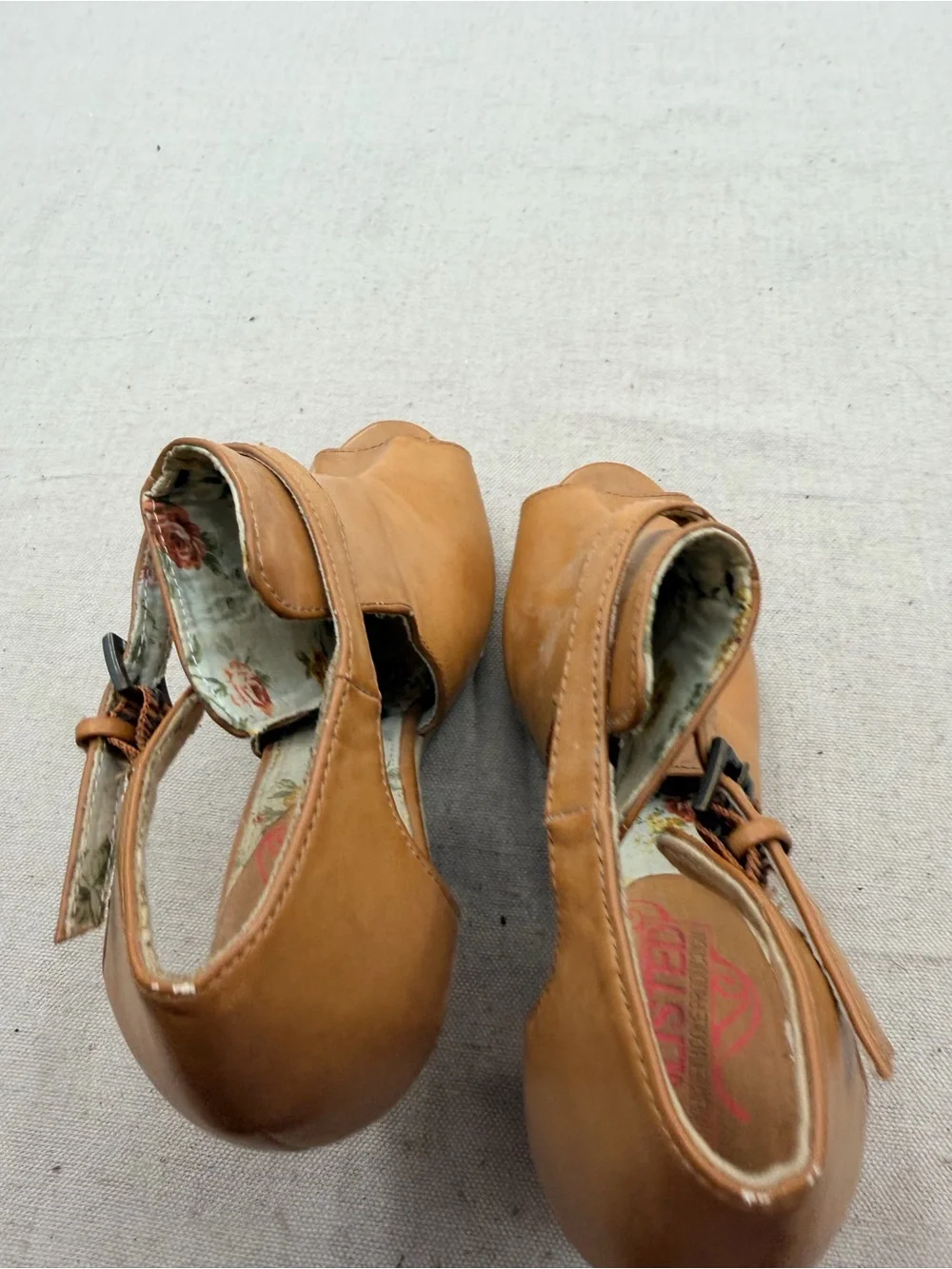 Unlisted Wedge Peep-Toe Ankle Strap Sandal in Tan